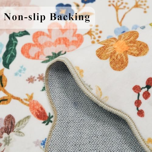 Hallway 2x5 Washable Runner Rug: Stain Resistant Floral Scalloped Rug for Kitchen Entryway Farmhouse Soft Carpet for Bathroom Bedroom Thin Laudry Living Room Floor Mat with Non Slip Backing(2x5,Cream) - Image 5