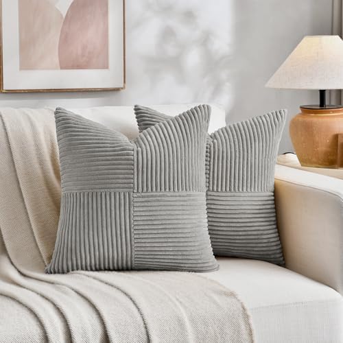 Fancy Homi 2 Packs Grey Decorative Throw Pillow Covers 16x16 Inch for Living Room Couch Bed Sofa, Rustic Farmhouse Boho Home Decor, Soft Corss Patchwork Corduroy Textured Square Cushion Case 40x40 cm - Image 5