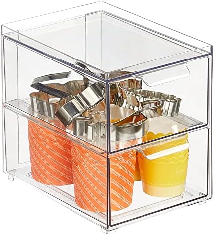 mDesign Stackable Storage Containers Box with 2 Pull-Out Drawers - Stacking Plastic Drawer Bins for Kitchen Pantry and Cupboard, Cabinet, Counter, Island and Tables - Lumiere Collection - Clear by mDesign