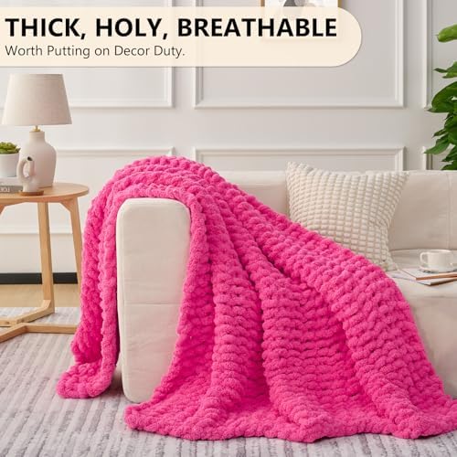 L'AGRATY Chunky Knit Throw Blanket for Couch, 50 x 60 Inches, Hot Pink - Image 5