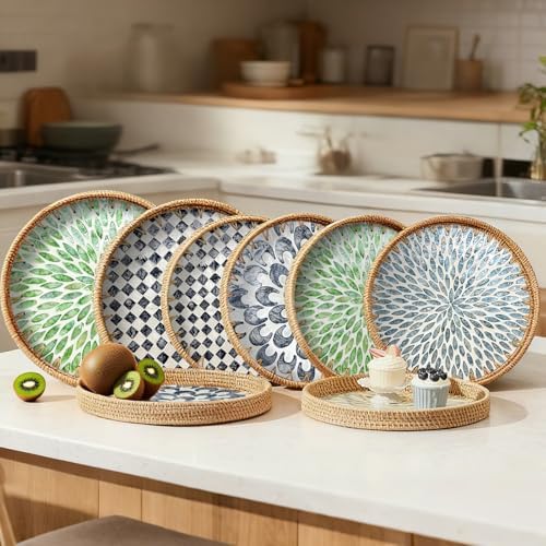 Round Rattan Tray with Mother of Pearl Inlay, Decorative Basket with Wooden Base, Woven Tray for Kitchen Island Decor, Table Decor, Storage and Display of Food (Checkerboard, 13.8") - Image 7