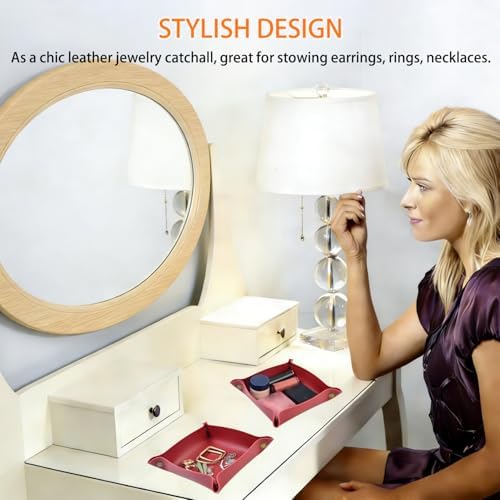 Leather Valet Tray for Women Men, Portable Entryway Table and Bedside Nightstand Desktop Storage Organizer, Leather Jewelry Catchall for Keys,Watch, Wallet, Coin, Jewelry (red) - Image 3