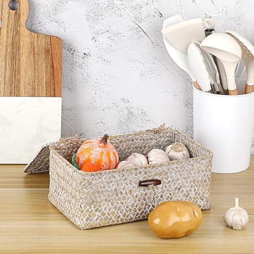 Sumnacon Wicker Basket with Lid,Tampon Holder for Bathroom,Whitewash,S - Image 4