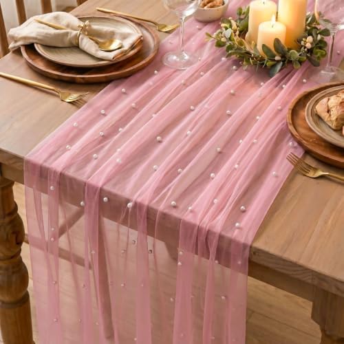 Artoid Mode Pearl Pastel Pink Gauze Table Runner 10FT Home Decor - Image 5