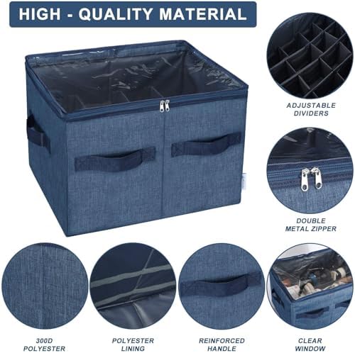 Moteph Shoe Organizer Closet Storage Solution with Clear Cover & Adjustable Dividers for Shoes, Handbags, Blankets, Linen, Clothing (Medium - 16 Pairs, Navy Blue) - Image 3