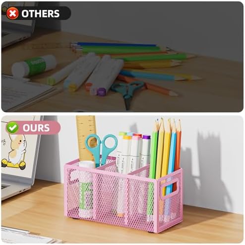 Marbrasse Mesh Pen Holder for Desk, Pencil Holder Desk Organizer 3 Adjustable Compartments, Pencil Cup with Handle Perfect for Classroom, Office, Home, Makeup, Art (Pink) - Image 5