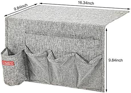 Zafit Linen 5 Pockets Bedside Caddy, Bedside Storage Organizer with Water Bottle Holder for Magazine, Remotes, Phone (Grey) - Image 3