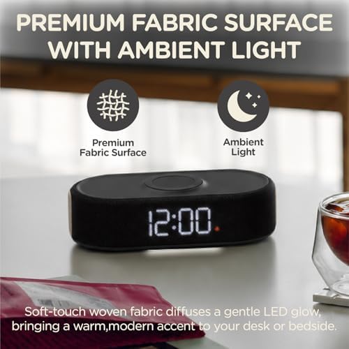 Fabric Digital Alarm Clock for Bedroom, Wireless Charging, Beige - Image 5