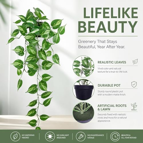 Fake Pothos Hanging Plants Artificial Ivy Vines with Pots - Realistic Indoor Greenery Decor, Low Maintenance Faux Home Decoration (1 PCS) - Image 4