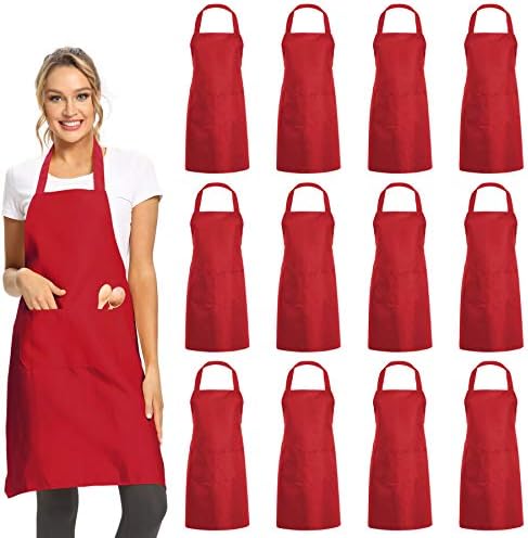 DUSKCOVE 12 Pack Plain Bib Aprons with 2 Pockets - Red Unisex Commercial Apron Bulk for Kitchen Cooking Restaurant BBQ Painting Crafting by DUSKCOVE