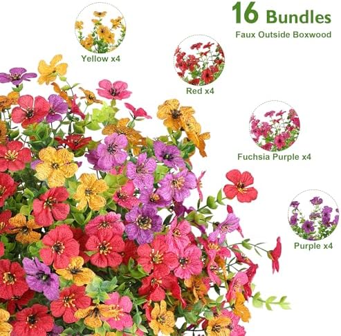 Artificial Flowers for Outdoors, 16 Bundles UV Resistant Realistic Faux Silk Flowers, Fake Plants for Outside Planter Front Porch Patio Balcony Window Box Garden Yard Farmhouse - Image 3