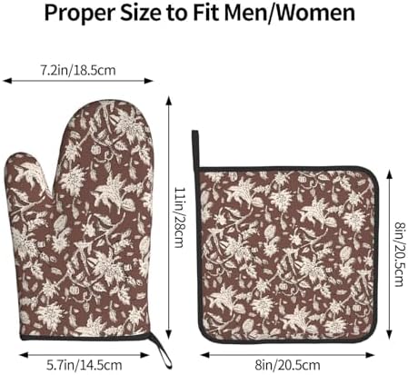 Vintage Block Print Brown Oven Mitts and Pot Holders Sets Floral Vine Oven Mitts Heat Resistant Flowers Kitchen Gloves Hot Pads Two Piece Set for Cooking Baking Grilling BBQ - Image 3