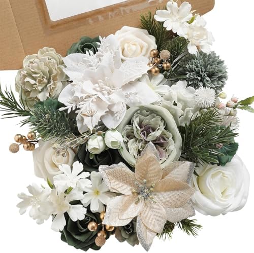 Christmas Artificial Flowers Set with White Poinsettia, Fake Roses and Greenery for DIY Christmas Decor - Wreath, Tree Ornaments, Wedding Bouquets, Centerpieces, Home Floral Arrangemen by KoroniFlowers