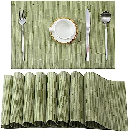 Leetaltree Pea Green Placemats Set of 8 - Heat Resistant Non-Slip Place mats for Dining Table, Washable Durable PVC Vinyl Woven Table Mats（Pea Green, 8） by Leetaltree-ArtatEveryTable
