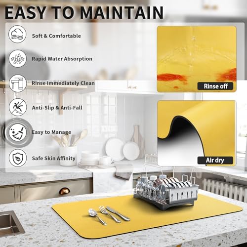 HotLive Dish Drying Mat for Kitchen Counter, Heat Resistant Drainer Mats with Non-slip Rubber Backed, Hide Stain Kitchen Super Absorbent Draining Mat, Easy to Clean Dish Rack Pad, Yellow 16"x20" - Image 4