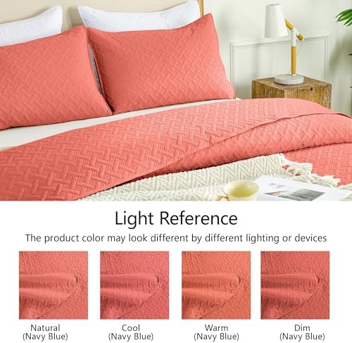 FLYMME Quilts King Size,Lightweight Coral Bedspreads,Basket Weave Pattern,Ultra Soft Microfiber Bed Coverlet 3 Pieces for All-Seasons (1 Quilt,2 Pillow Shams) - Image 4