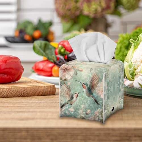 Square Tissue Box Cover PU Leather Tissue Box Holder 5x5x5 inch Waterproof Protective Cover for Modern Home Car Office Hotel Decor Hummingbird Pattern - Image 3