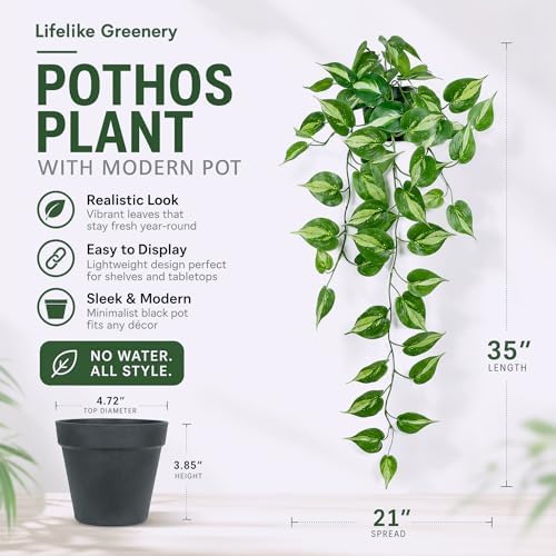 Fake Pothos Hanging Plants Artificial Ivy Vines with Pots - Realistic Indoor Greenery Decor, Low Maintenance Faux Home Decoration (1 PCS) - Image 2