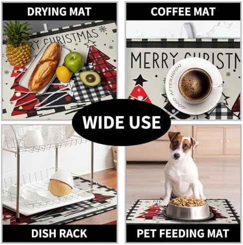 Merry Christmas Dish Drying Mats for Kitchen Counter 16x18 Buffalo Plaid Christmas Tree Microfiber Absorbent Drying Mat Seasonal Winter Holiday Drying Pad Dish Drainer Mat for Coffee Bar Sinks - Image 7