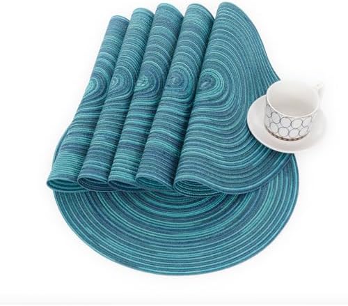 SHACOS 15 inch Round Placemats Set of 8 Variegated Multicolor Place Mats Cotton Polyester Braided Non Slip Washable Heat Resistant Table Mats for Home Wedding Dinner Party Table Decor, Rainbow Teal - Image 7