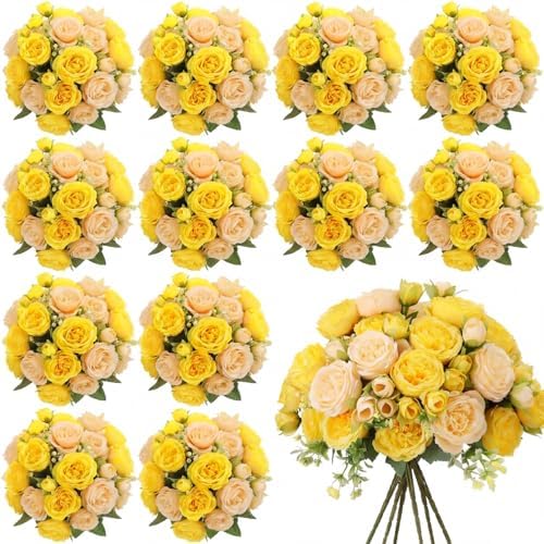 Geosar 16 Bundles Artificial Peonies Flowers,Yellow, Champagne by Geosar