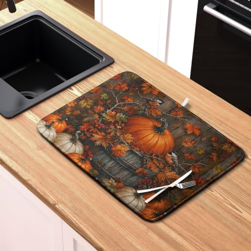 Fall Dish Drying Mat for Kitchen Counter 16x18 Autumn Pumpkin Maple Leaves Birds Dish Drying Pad for Dishes Microfiber Absorbent Dishes Drainer Mats Thanksgiving Dish Rack Mat - Image 6