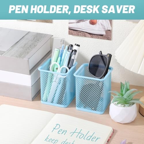 Segarty Pen Holder for Desk, 3 Pack Square Light Blue Pencil Holder, Wire Mesh Pen Cup Container Set Desktop Organizer for Office Supplies, School Students, Home Storage, Brush Organization - Image 5