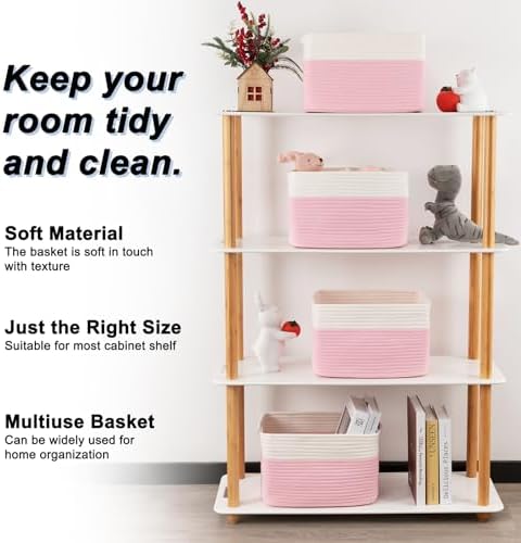 4 Pack Storage Baskets for Organizing, Woven Baskets for Shelves - Perfect for Toys, Books, Towels, and Clothes, Durable Gift Basket Bins Toy Storage, 12.7''Lx9''Wx7.8''H, Pink & White - Image 3