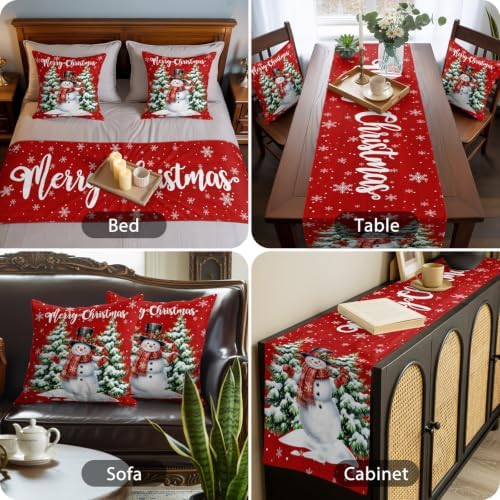 Merry Christmas Bed Runners for Queen Size Beds Winter Snowman Red Bed Scarf Matching Decorative Throw Pillow Covers Xmas Trees Snowflakes Hotel Beds End Blanket Towel Bedspread Protection for Home - Image 7