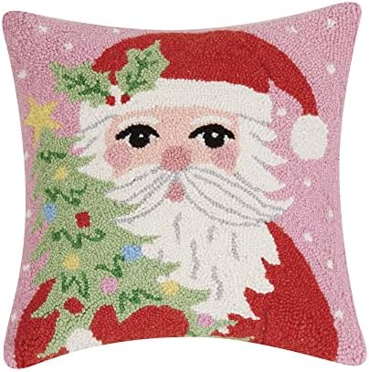Peking Handicraft Santa Holding Tree Christmas Polyfill Hook Throw Pillow, 16-inch Square, Wool and Cotton, Holiday Seasonal Decoration by Peking+Handicraft