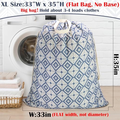 Canvas Laundry Bag with Handles & Drawstring, XL 33"Wx 35"H,Geometry Blue - Image 2