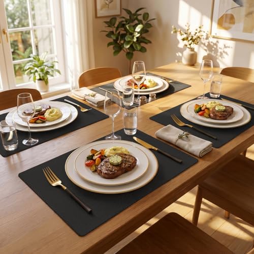 Romanstile Faux Leather Vinyl Placemats Set of 4, Black - Image 2