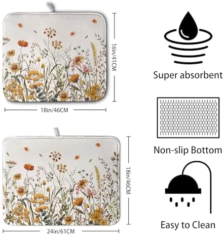 Fall Floral Dish Drying Mat for Kitchen Counter Autumn Burnt Orange Wild Flowers Dish Draining Mat Absorbent Microfiber Dishes Pad Washable Dish Drainer Rack Mat Medium 16"x18" - Image 2