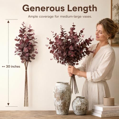 6Pcs 30in Fall Burgundy Artificial Eucalyptus Leaves Stems - Image 2