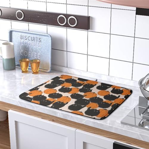 Happy Halloween Dish Drying Mat for Kitchen Counter 18x24 Inch Cute Pumpkin Black Cat Trick or Treat Drying Mats Large Microfiber Absorbent Dish Rack Pad for Coffee Bar Sinks Home Accessories - Image 5