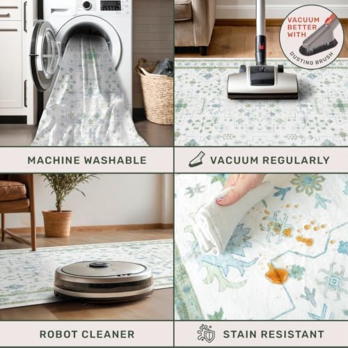 Cream Green and Blue 2x4 Boho Bathroom Rug - Oushak Floral Pastel, Washable Low Pile Non Slip with Rubber Backing Stain Resistant Entryway Rugs Indoor, Small Carpet for Kitchen, Bedroom, Laundry Room - Image 4