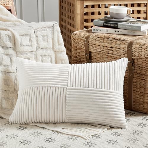 Fancy Homi Set of 2 Cream White Lumbar Decorative Throw Pillow Covers 16x26 Inch for Living Room Couch Bed, Boho Farmhouse Forest Green Home Decor, Soft Corduroy Corss Patchwork Cushion Case 65x40 cm - Image 2