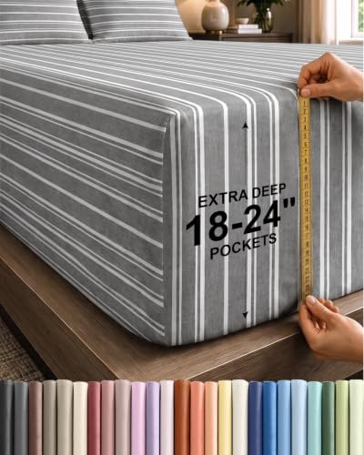 CGK Extra Deep Flex Top Split Head King Fitted Sheet Only - Grey Stripes by CGKUnlimited