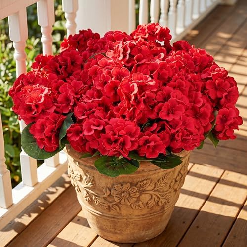 CEWOR Artificial Geraniums Flowers for Outdoors Realistic Silk Flowers Red by CEWOR