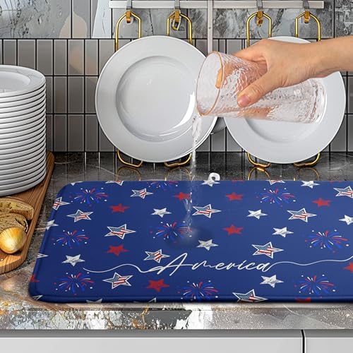 4th of July Dish Drying Mat America Stars Fireworks Blue Drying Mat 18x24 Inch Patriotic Memorial Independence Day Microfiber Absorbent Dish Drainer Rack Mats for Kitchen Counter - Image 5