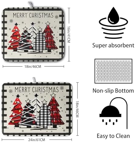 Christmas Trees Kitchen Dish Drying Mat 18x24 Inch Merry Christmas Black White Buffalo Plaid Dish Drainer Mat Absorbent Reversible Microfibe Drying Dish Pad for Winter Kitchen Counter Decor - Image 2