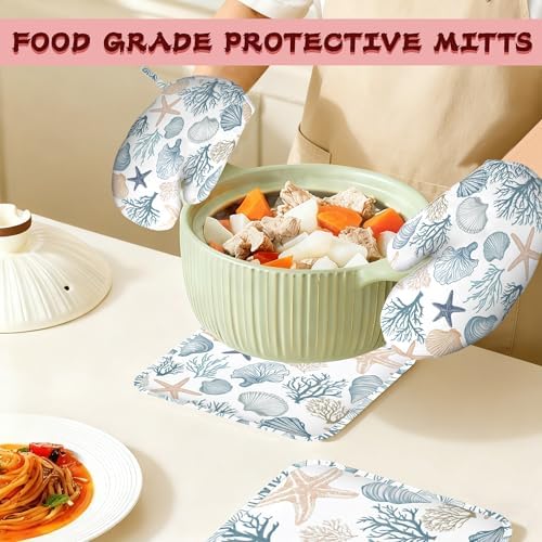 Starfish Coral Shells Ocean Silicone Oven Mitts and Pot Holders,Heat-Resistant 4 Piece Kitchen Set Non-Slip Oven Gloves and Hot Pads for Cooking, Baking, Grilling,BBQ - Image 7