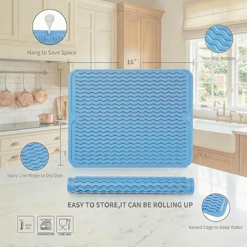 MicoYang Silicone Dish Drying Mat — Quick-Dry Ridges Counter & Sink Pad, Heat-Resistant Trivet to 450°F, Non-Slip & Dishwasher Safe, Roll-Up Storage, 18 Colors & 9 Sizes (Light Blue, 16"×12") - Image 2