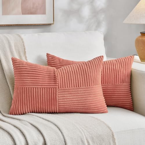 Fancy Homi 2 Packs Coral Long Lumbar Decorative Throw Pillow Covers 12x24 Inch for Couch Bed Sofa, Rustic Farmhouse Boho Home Decor, Soft Striped Corduroy Rectangle Accent Peach Cushion Case 30x60 cm by Fancy+Homi