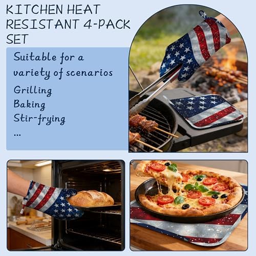 American Flag Oven Mitts and Pot Holders Sets,Extra Long 4th of July Kitchen Mittens for Cooking,Thick Cotton Heat Resistant Silicone Cooking Utensils Set for Baking Cooking Grilling - Image 5