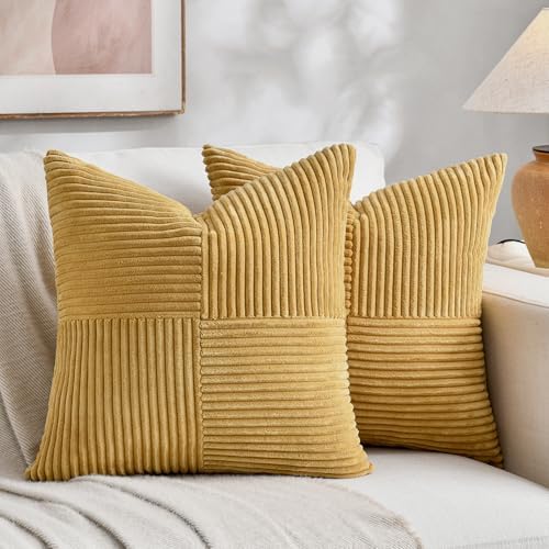Fancy Homi 2 Packs Mustard Yellow Big Decorative Throw Pillow Covers 24x24 Inch for Living Room Couch Bed, Farmhouse Boho Home Decor, Soft Corss Corduroy Patchwork Accent Square Cushion Case 60x60 cm by Fancy+Homi