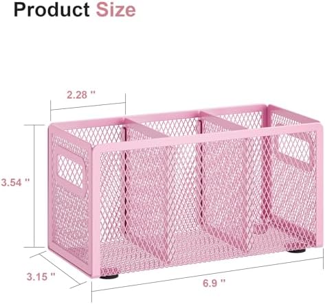 Marbrasse Mesh Pen Holder for Desk, Pencil Holder Desk Organizer 3 Adjustable Compartments, Pencil Cup with Handle Perfect for Classroom, Office, Home, Makeup, Art (Pink) - Image 2