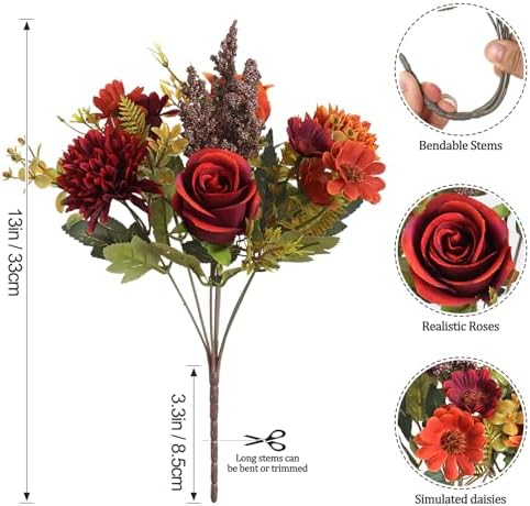Dremisland Artificial Fall Flowers 4 Packs Silk Roses Bouquet Fall Decor - Image 3