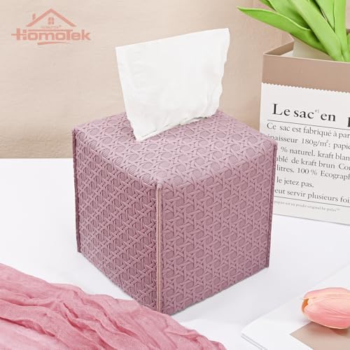 HOMOTEK 2 Pack Tissue Box Cover, Square PU Leather Tissue Holder, Decorative Facial Tissue Cube Paper Organizer Dispenser for Bathroom, Night Stands, Desk, Car 5X5X5'' - Rattan Weave,Plum Red - Image 2