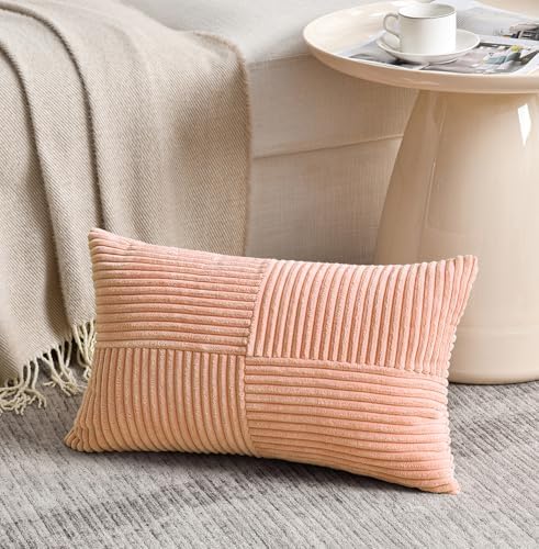 Fancy Homi 2 Packs Peach Lumbar Decorative Throw Pillow Covers 14x24 Inch for Living Room Couch Bed Sofa, Rustic Farmhouse Boho Home Decor, Soft Striped Corduroy Rectangle Accent Cushion Case 35x60 cm - Image 2